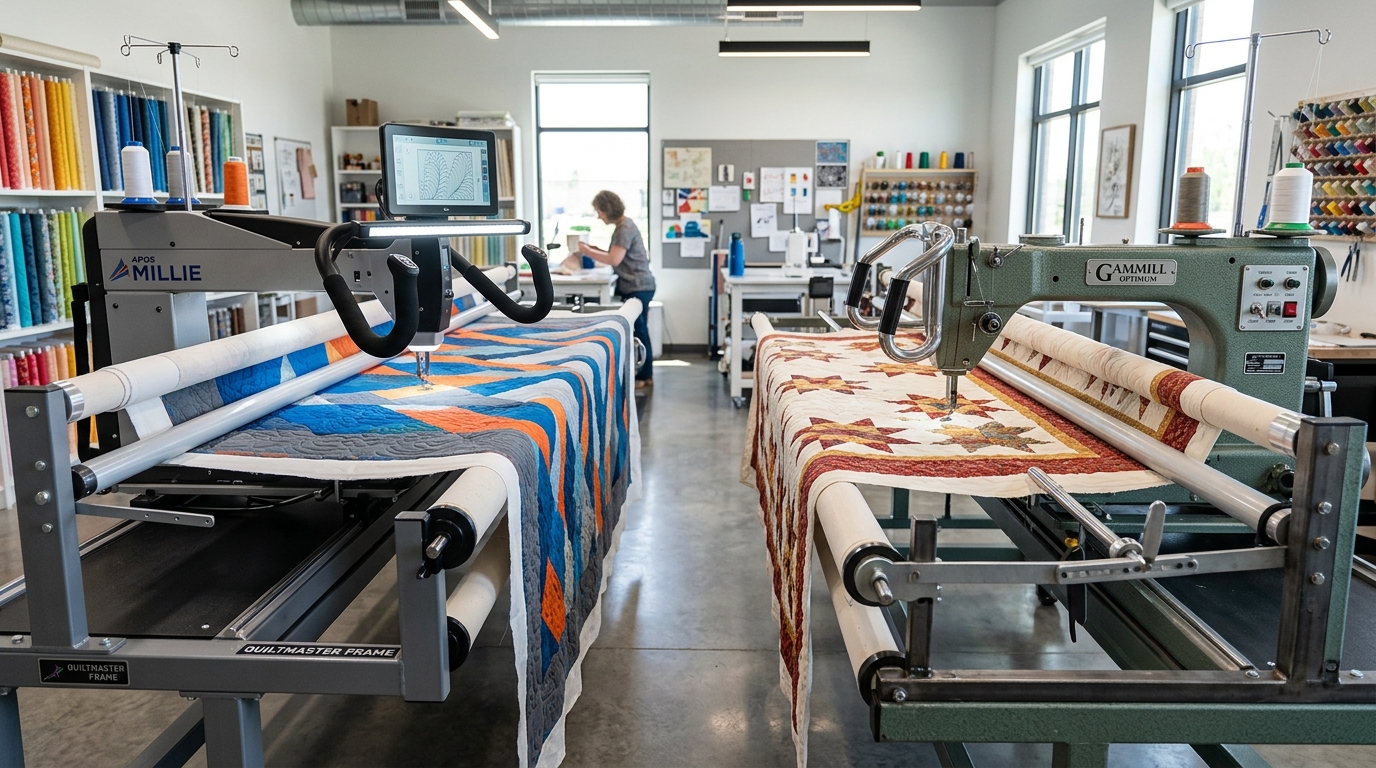 Commercial longarm quilting machines on steel frames side-by-side in professional quilting studio