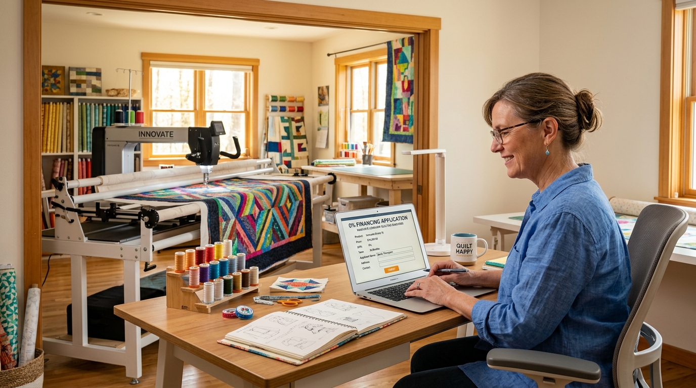 Quilter applying for 0% longarm financing online with studio longarm machine in background