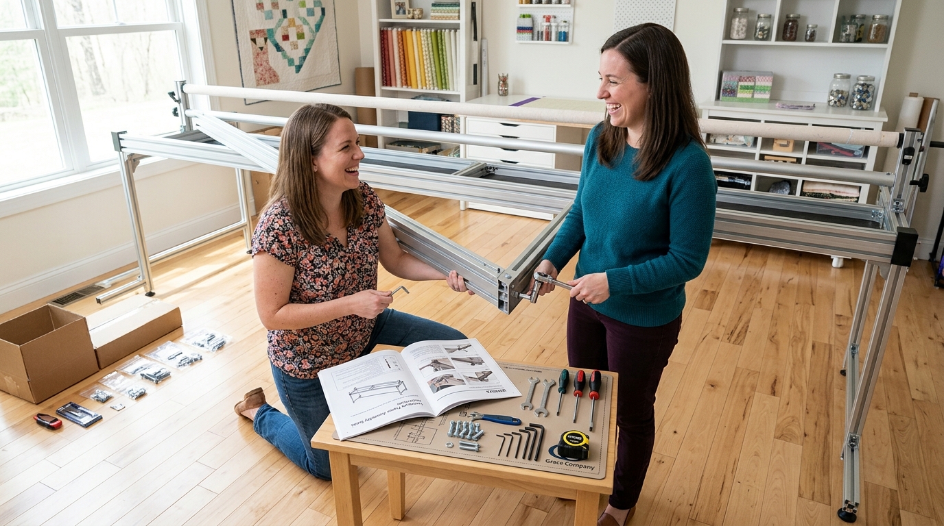 Two Quilters Assembling a 10-Foot Longarm Frame in Studio