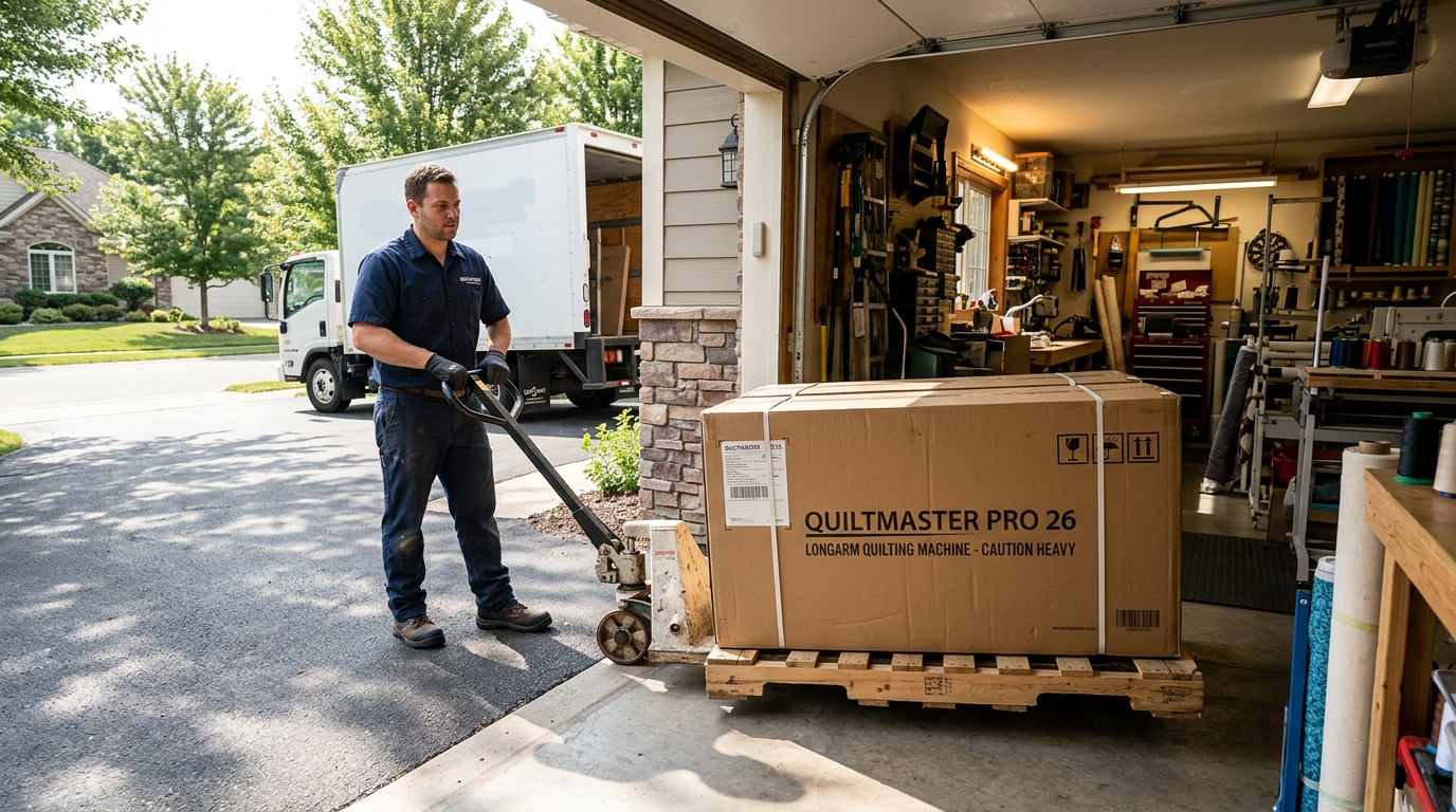 LTL freight delivery driver using pallet jack to roll longarm quilting machine cartons on pallet into residential home workshop