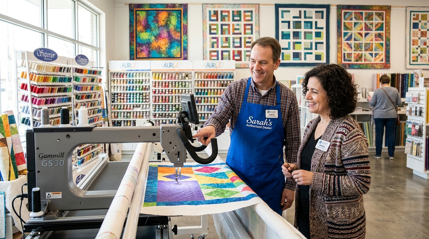 Quilter consulting with an authorized longarm dealer in a bright modern sewing showroom